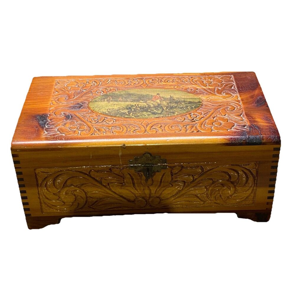 Genuine Mid-Century Aromatic Cedar Jewelry Box - Fox Hunt Equestrian MCM